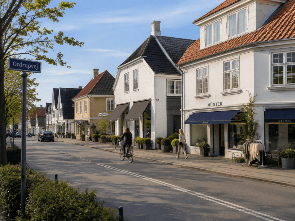 Strandvejen i Charlottenlund med elegante facader, butikker og boliger