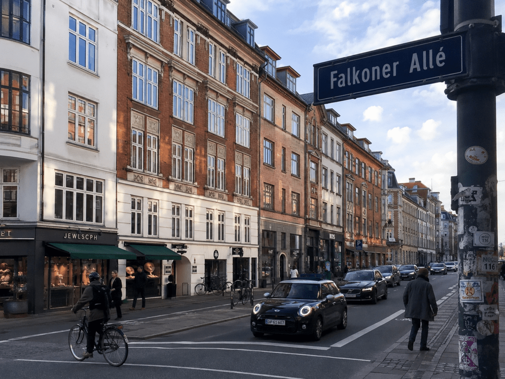 Falkoner Allé på Frederiksberg med trafik, butikker, cykler og etageejendomme