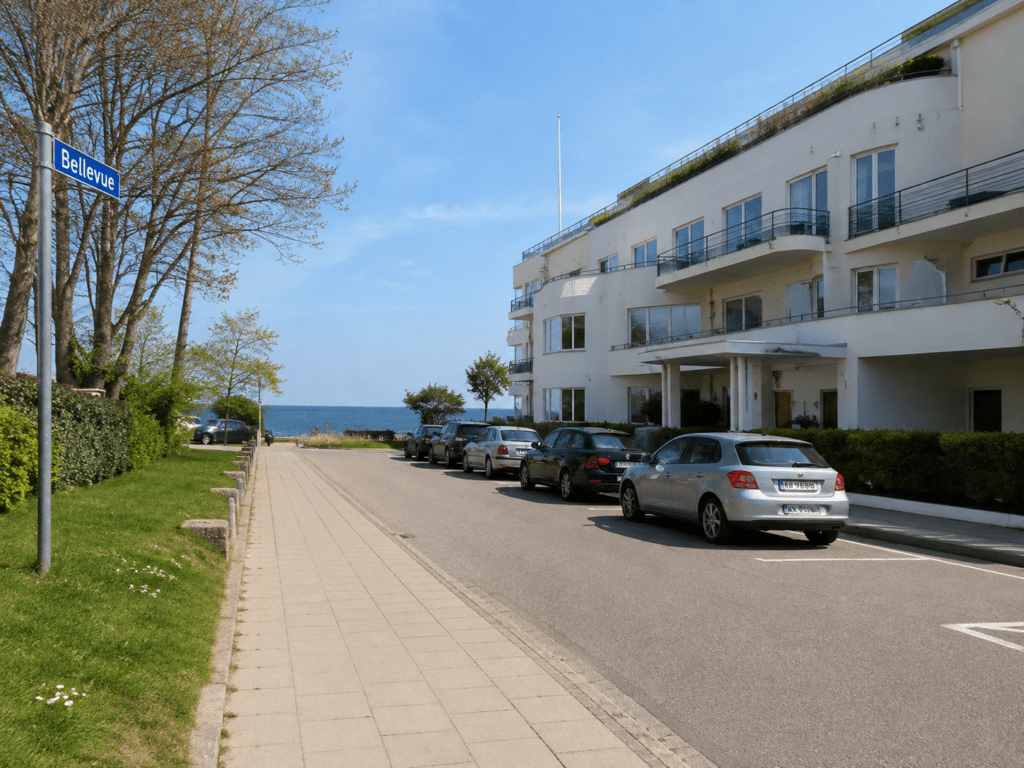 Bellevue i Klampenborg med lejligheder, parkering og udsigt mod kysten